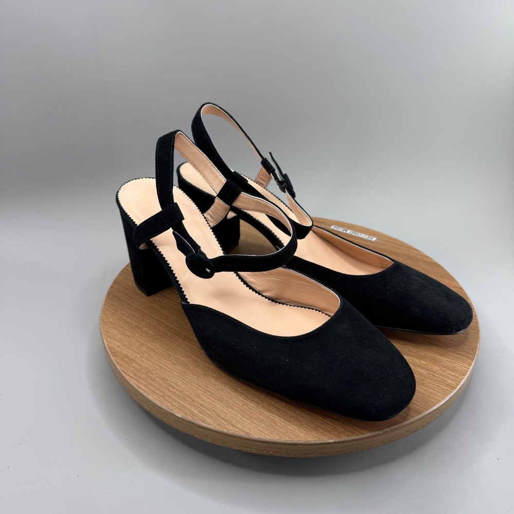 J.Crew Slingback Block Heels Size 11 Black Suede Mary Jane Classic Chic timeless